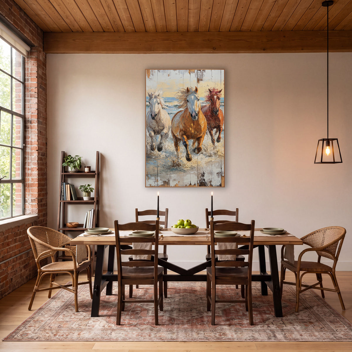 Three Horses Surf Gallop Coastal Western wall art in a rustic western-style room – three horses, white, golden