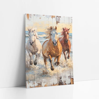 Three Horses Surf Gallop Coastal Western art print leaning against a white wall – three horses, white, golden
