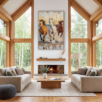 Charging Surf Stallions Golden Dawn wall art in a rustic western-style room – three horses, chestnut, white