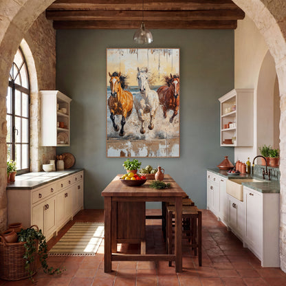 Charging Surf Stallions Golden Dawn wall art in a rustic western-style room – three horses, chestnut, white