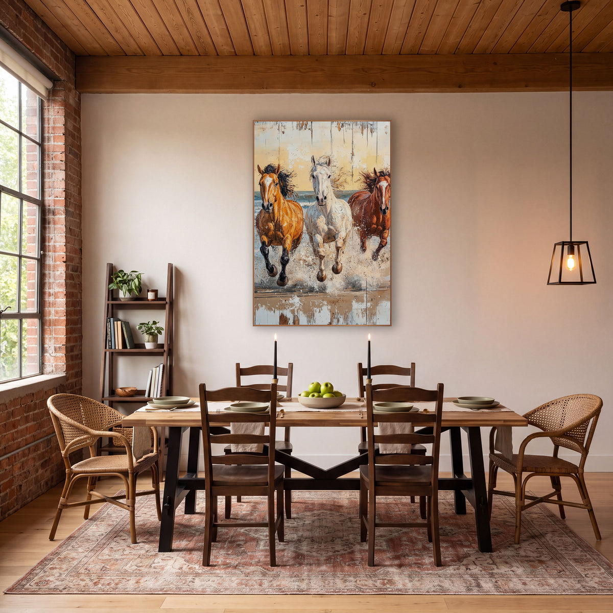 Charging Surf Stallions Golden Dawn wall art in a rustic western-style room – three horses, chestnut, white
