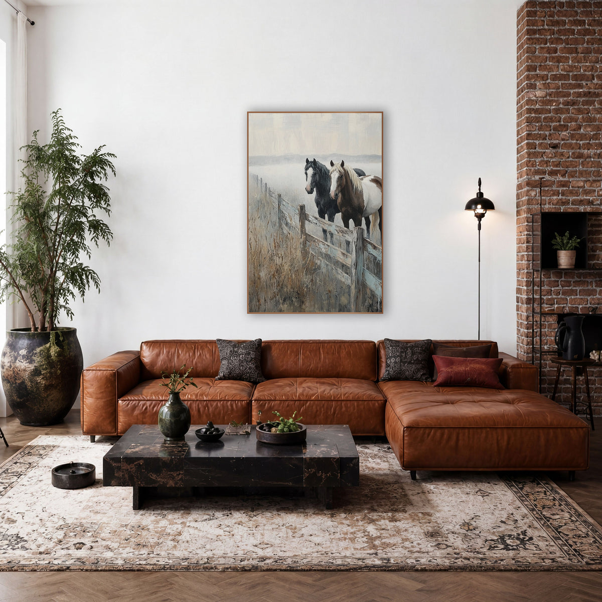 Two Horses Foggy Fence Western wall art in a rustic western-style room – black horse and brown and white horse