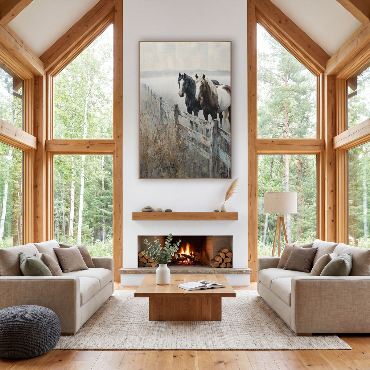 Two Horses Foggy Fence Western wall art in a rustic western-style room – black horse and brown and white horse