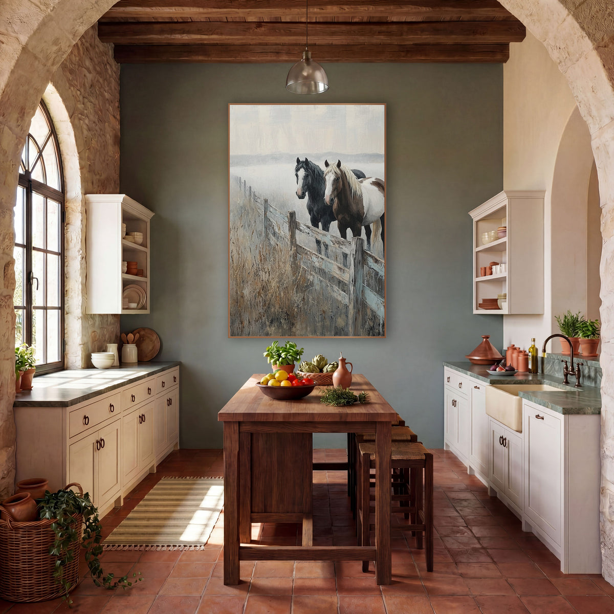 Two Horses Foggy Fence Western wall art in a rustic western-style room – black horse and brown and white horse