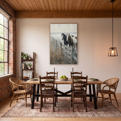 Two Horses Foggy Fence Western wall art in a rustic western-style room – black horse and brown and white horse
