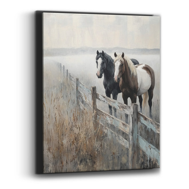 Two Horses Foggy Fence Western Canvas Wall Art