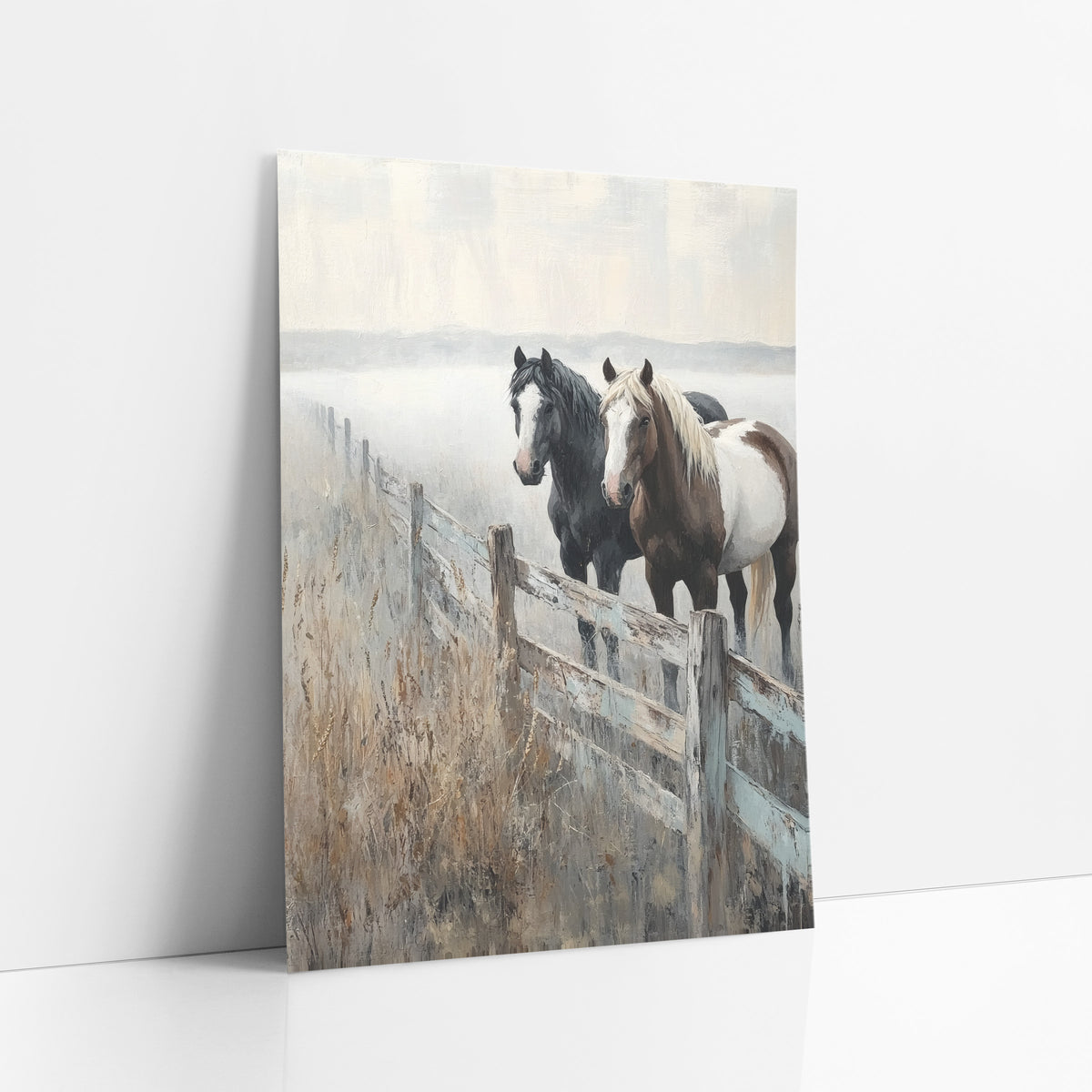 Two Horses Foggy Fence Western art print leaning against a white wall – black horse and brown and white horse standing behind