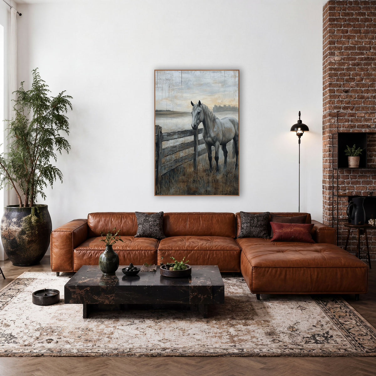 Gray Horse at Fence Western wall art in a rustic western-style room – gray horse standing beside a weathered wooden