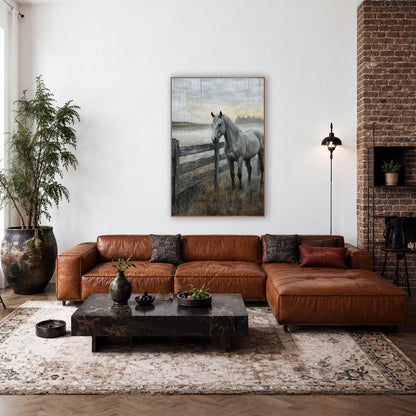 Gray Horse at Fence Western wall art in a rustic western-style room – gray horse standing beside a weathered wooden