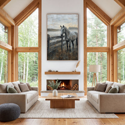 Gray Horse at Fence Western wall art in a rustic western-style room – gray horse standing beside a weathered wooden