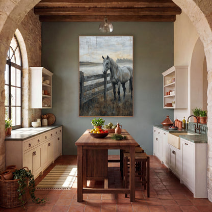 Gray Horse at Fence Western wall art in a rustic western-style room – gray horse standing beside a weathered wooden
