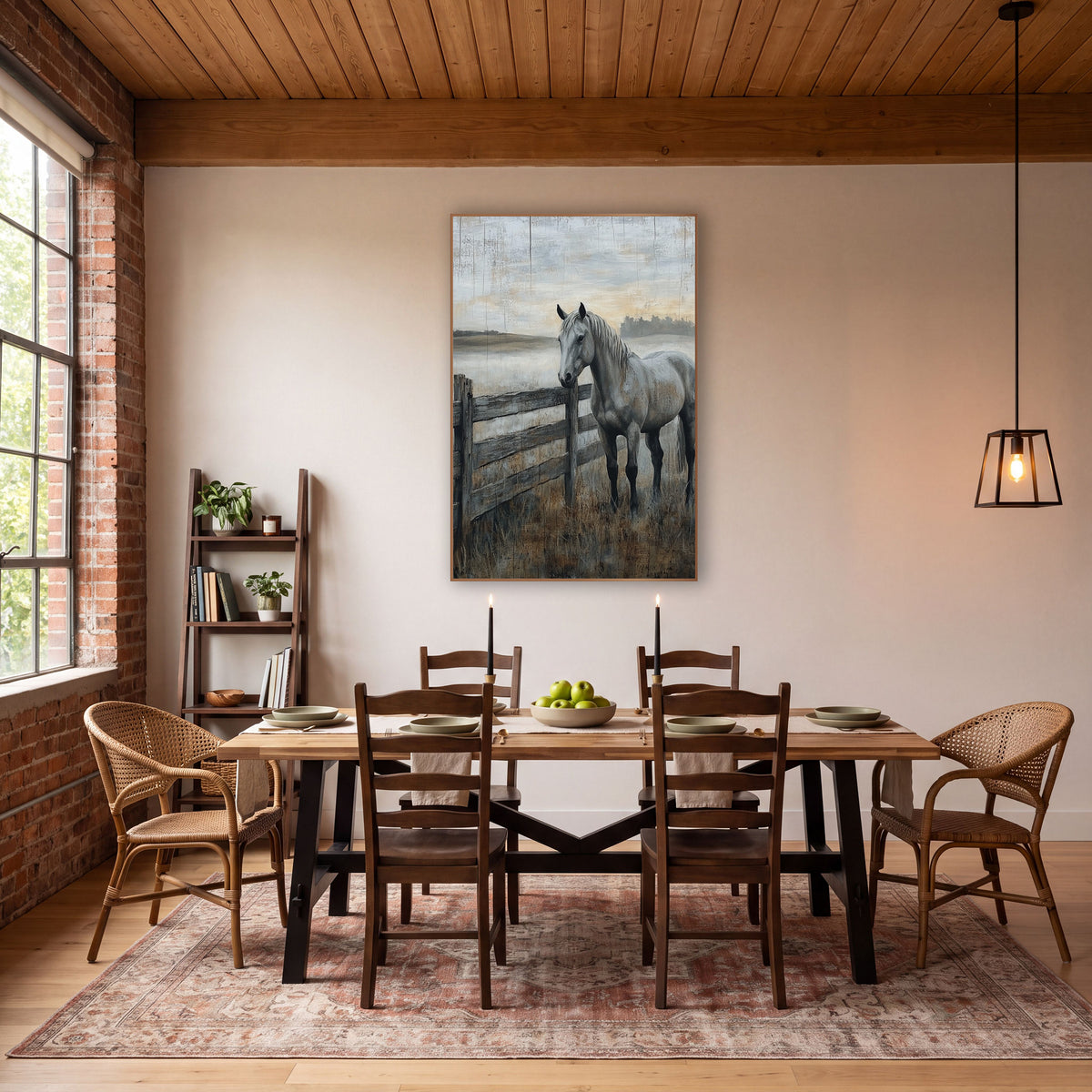 Gray Horse at Fence Western wall art in a rustic western-style room – gray horse standing beside a weathered wooden