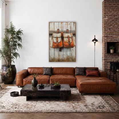 Rust Orange Saddlebags Western Rustic wall art in a rustic western-style room – two rust orange and cream saddlebags