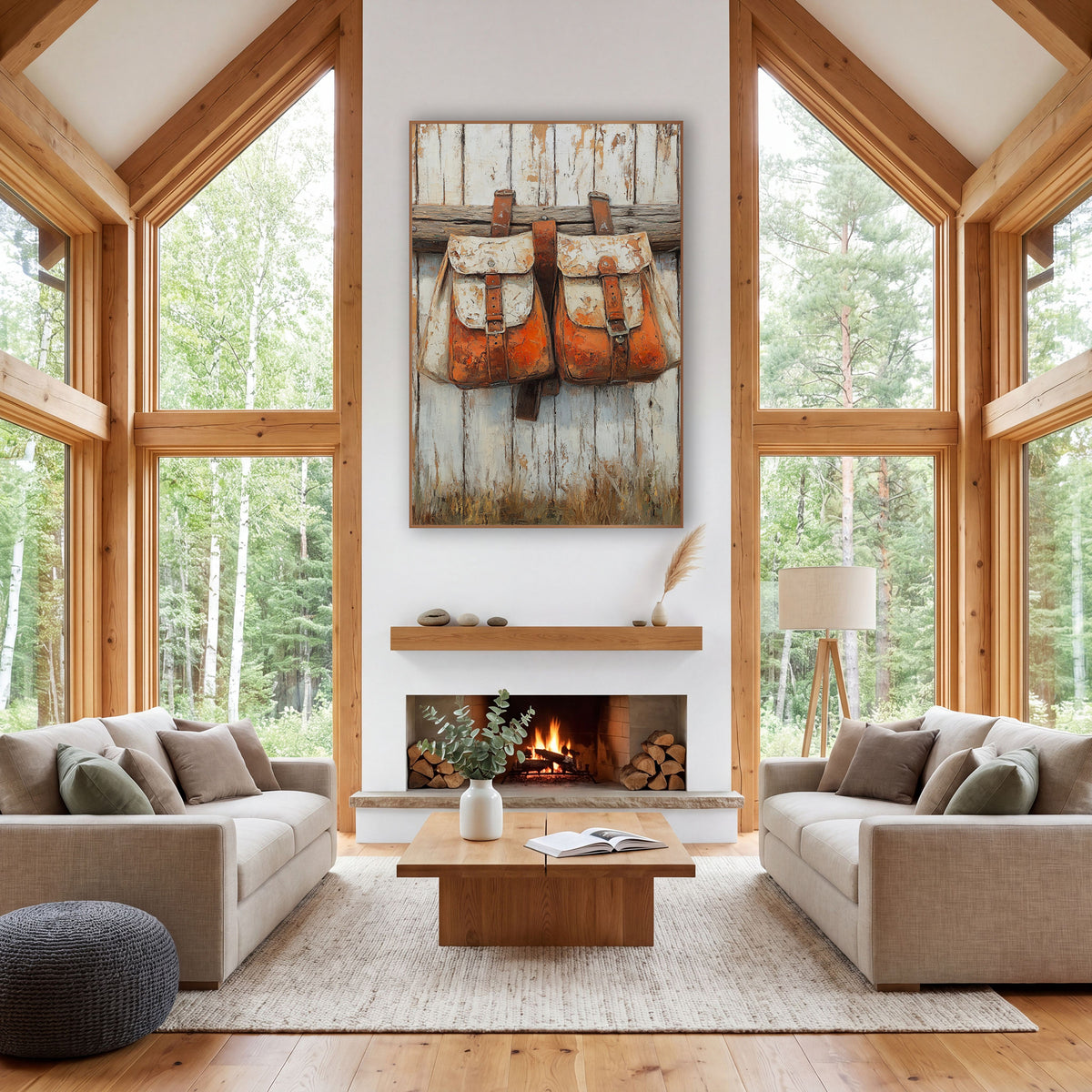 Rust Orange Saddlebags Western Rustic wall art in a rustic western-style room – two rust orange and cream saddlebags
