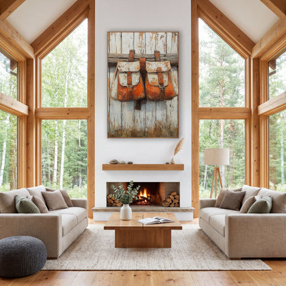 Rust Orange Saddlebags Western Rustic wall art in a rustic western-style room – two rust orange and cream saddlebags