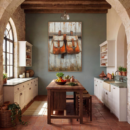 Rust Orange Saddlebags Western Rustic wall art in a rustic western-style room – two rust orange and cream saddlebags