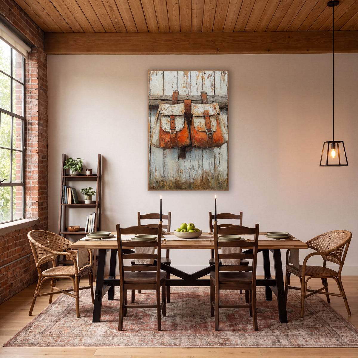 Rust Orange Saddlebags Western Rustic wall art in a rustic western-style room – two rust orange and cream saddlebags