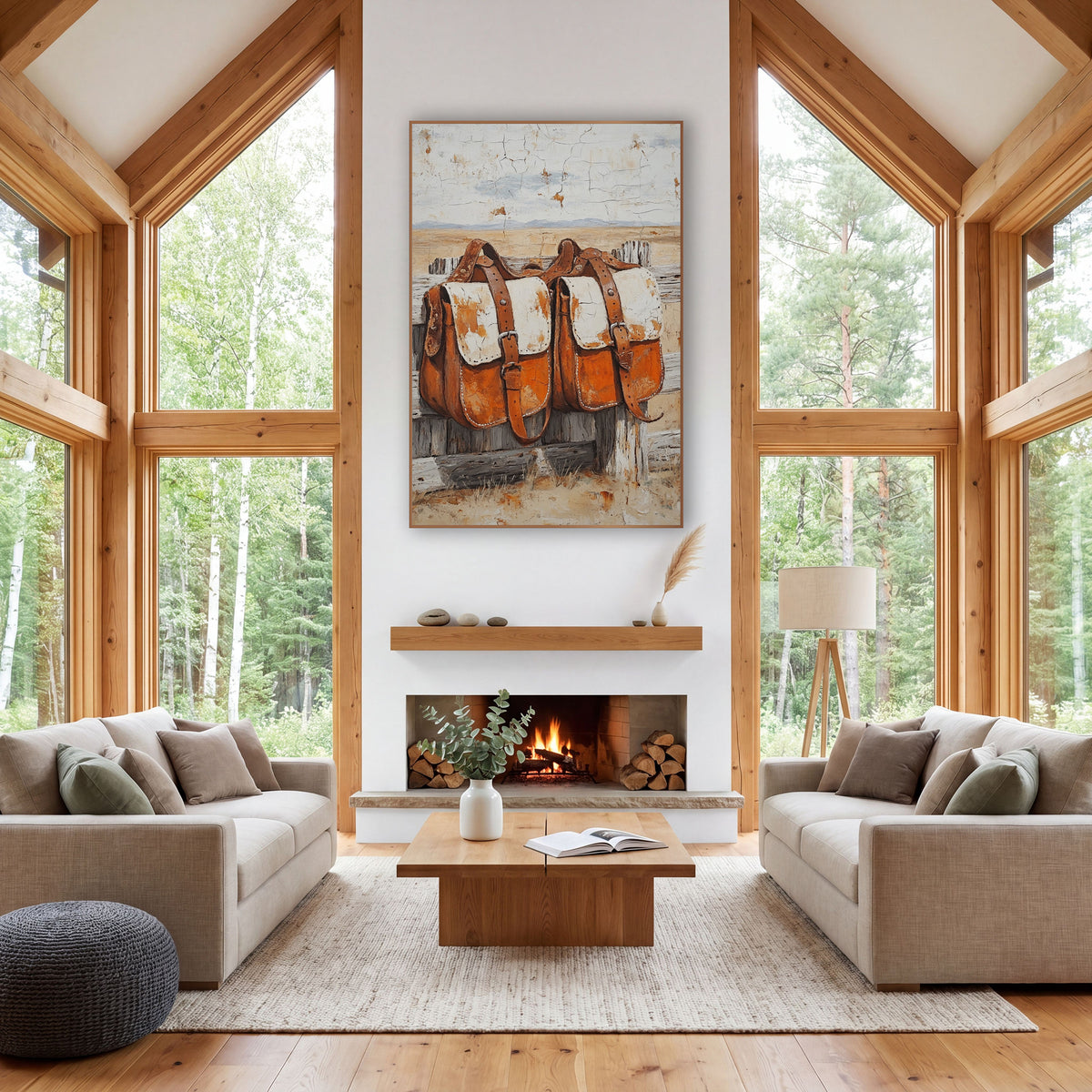 Rust Leather Saddlebags Western Rustic wall art in a rustic western-style room – two orange leather saddlebags