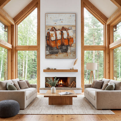 Rust Leather Saddlebags Western Rustic wall art in a rustic western-style room – two orange leather saddlebags