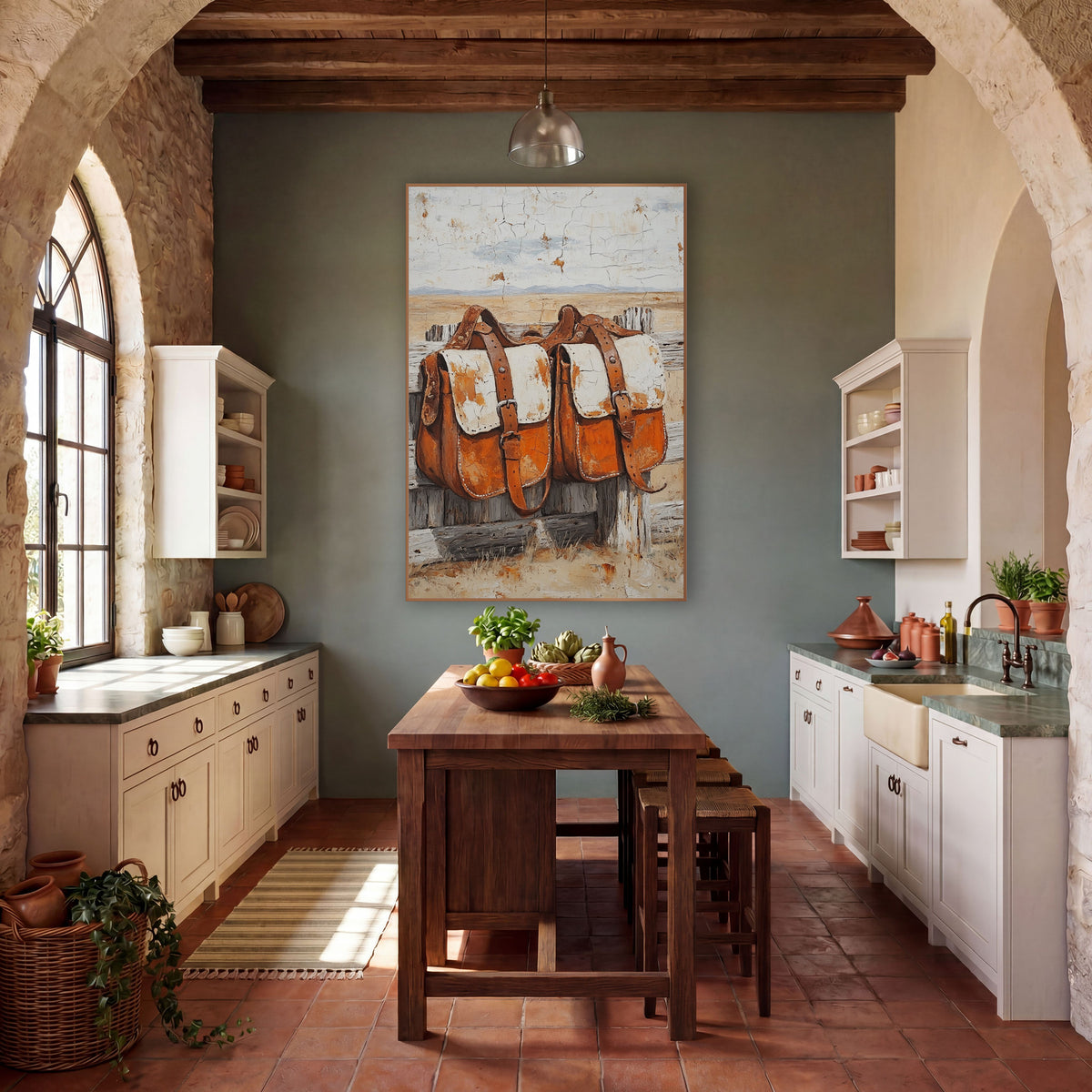 Rust Leather Saddlebags Western Rustic wall art in a rustic western-style room – two orange leather saddlebags