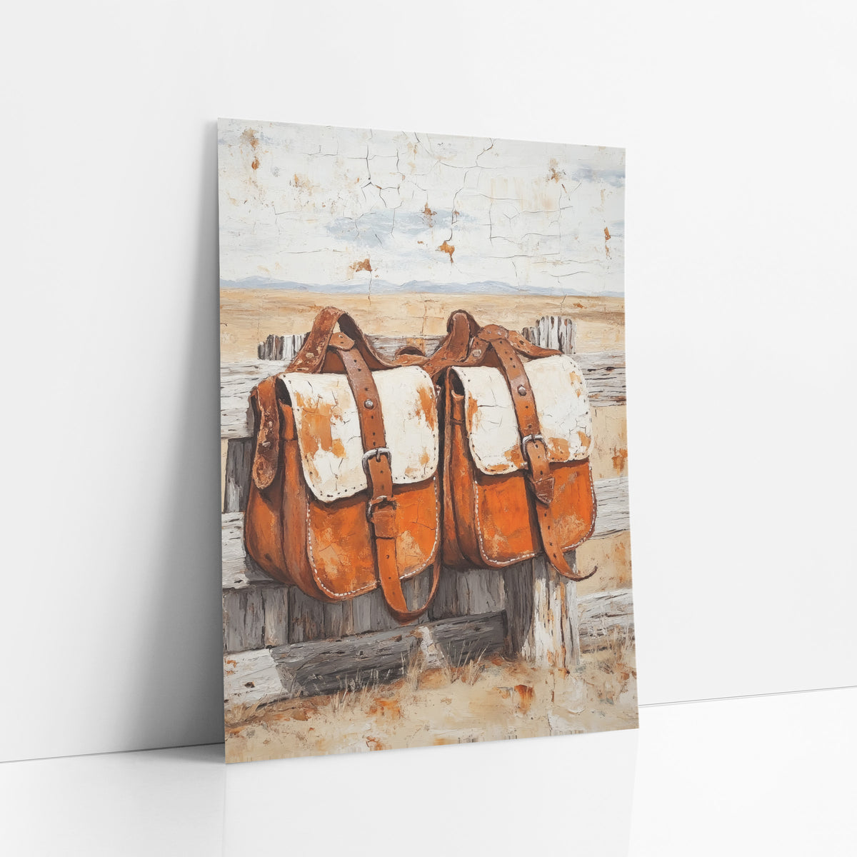 Rust Leather Saddlebags Western Rustic art print leaning against a white wall – two orange leather saddlebags with cream