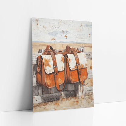 Rust Leather Saddlebags Western Rustic art print leaning against a white wall – two orange leather saddlebags with cream