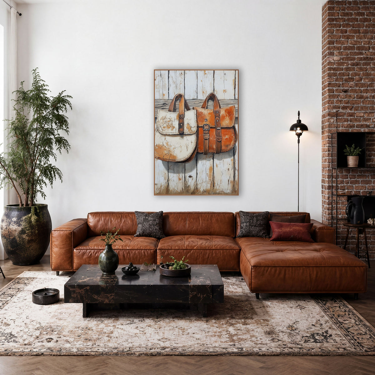 Rustic Leather Saddlebags Western Farmhouse wall art in a rustic western-style room – two weathered leather