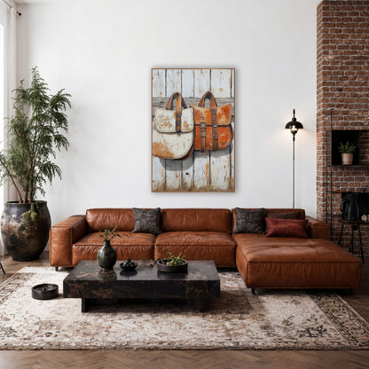 Rustic Leather Saddlebags Western Farmhouse wall art in a rustic western-style room – two weathered leather