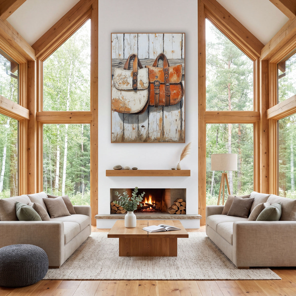 Rustic Leather Saddlebags Western Farmhouse wall art in a rustic western-style room – two weathered leather