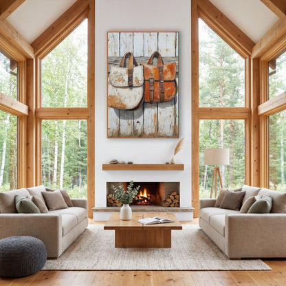 Rustic Leather Saddlebags Western Farmhouse wall art in a rustic western-style room – two weathered leather