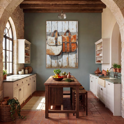 Rustic Leather Saddlebags Western Farmhouse wall art in a rustic western-style room – two weathered leather