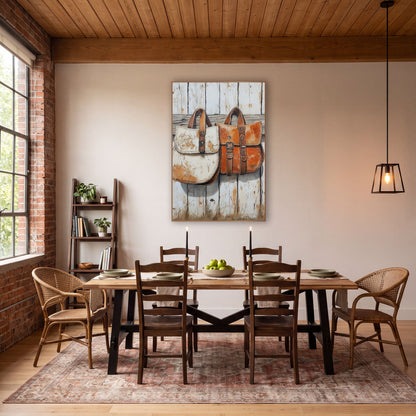 Rustic Leather Saddlebags Western Farmhouse wall art in a rustic western-style room – two weathered leather
