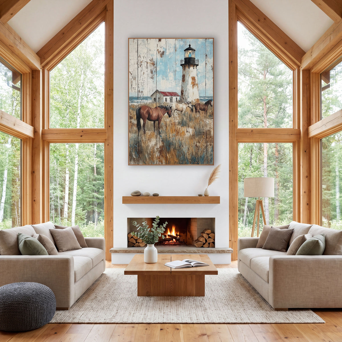 Coastal Lighthouse Grazing Horses Rustic wall art in a rustic western-style room – rustic painting of a white