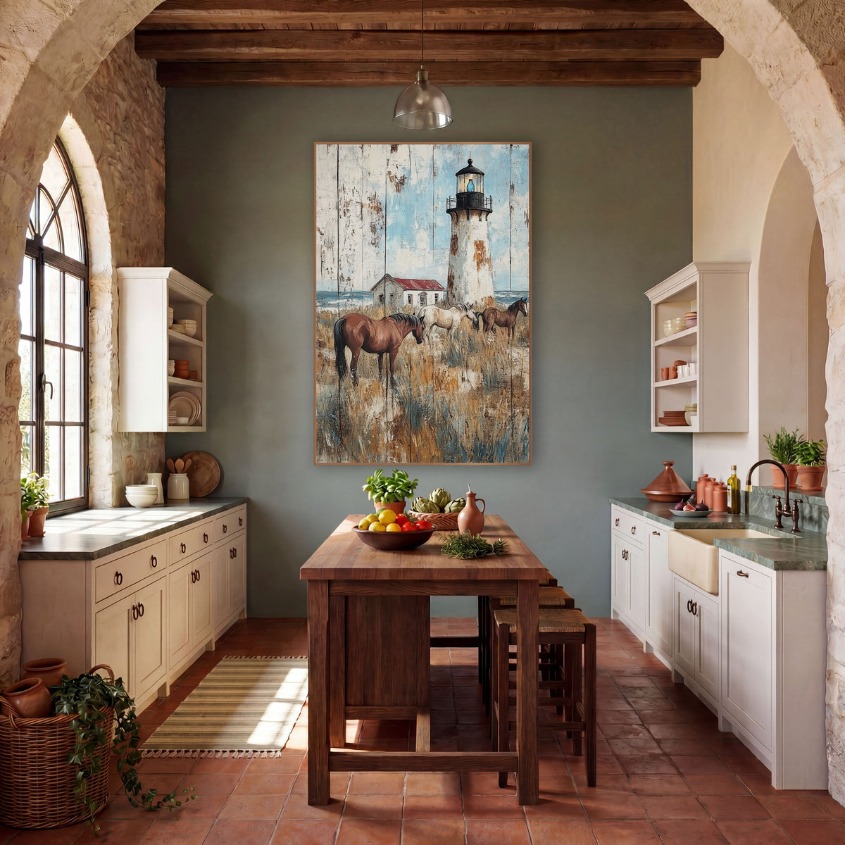 Coastal Lighthouse Grazing Horses Rustic wall art in a rustic western-style room – rustic painting of a white