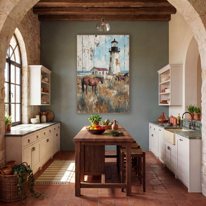 Coastal Lighthouse Grazing Horses Rustic wall art in a rustic western-style room – rustic painting of a white