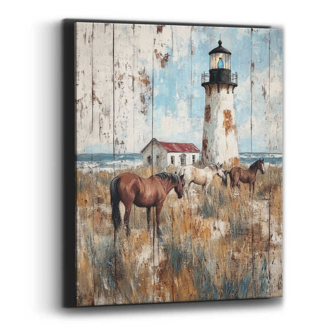 Coastal Lighthouse Grazing Horses Rustic Canvas Wall Art