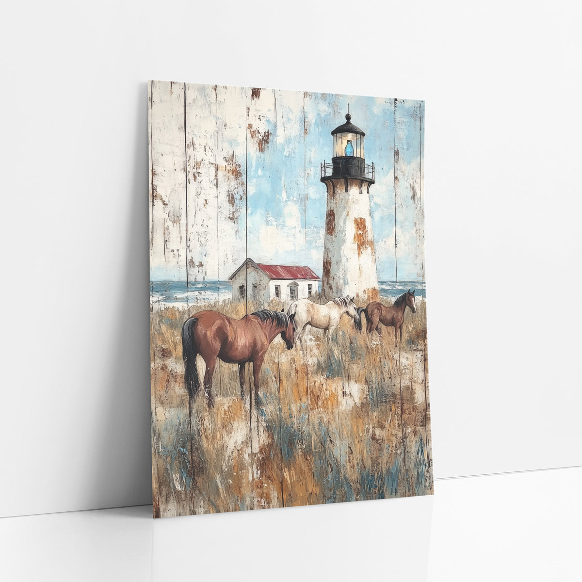 Coastal Lighthouse Grazing Horses Rustic art print leaning against a white wall – rustic painting of a white lighthouse