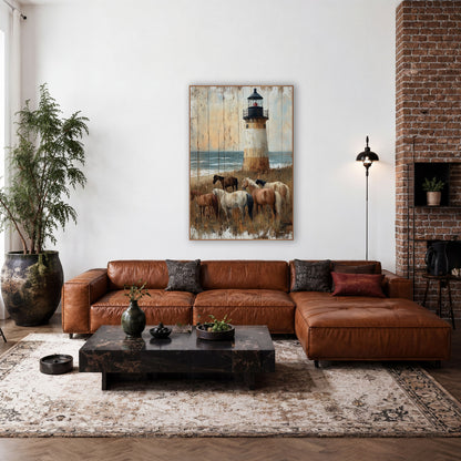 Coastal Lighthouse Horses Rustic Seaside wall art in a rustic western-style room – five horses graze in tall grass