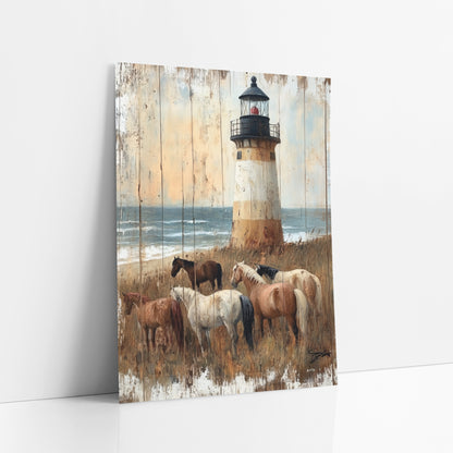 Coastal Lighthouse Horses Rustic Seaside art print leaning against a white wall – five horses graze in tall grass in front