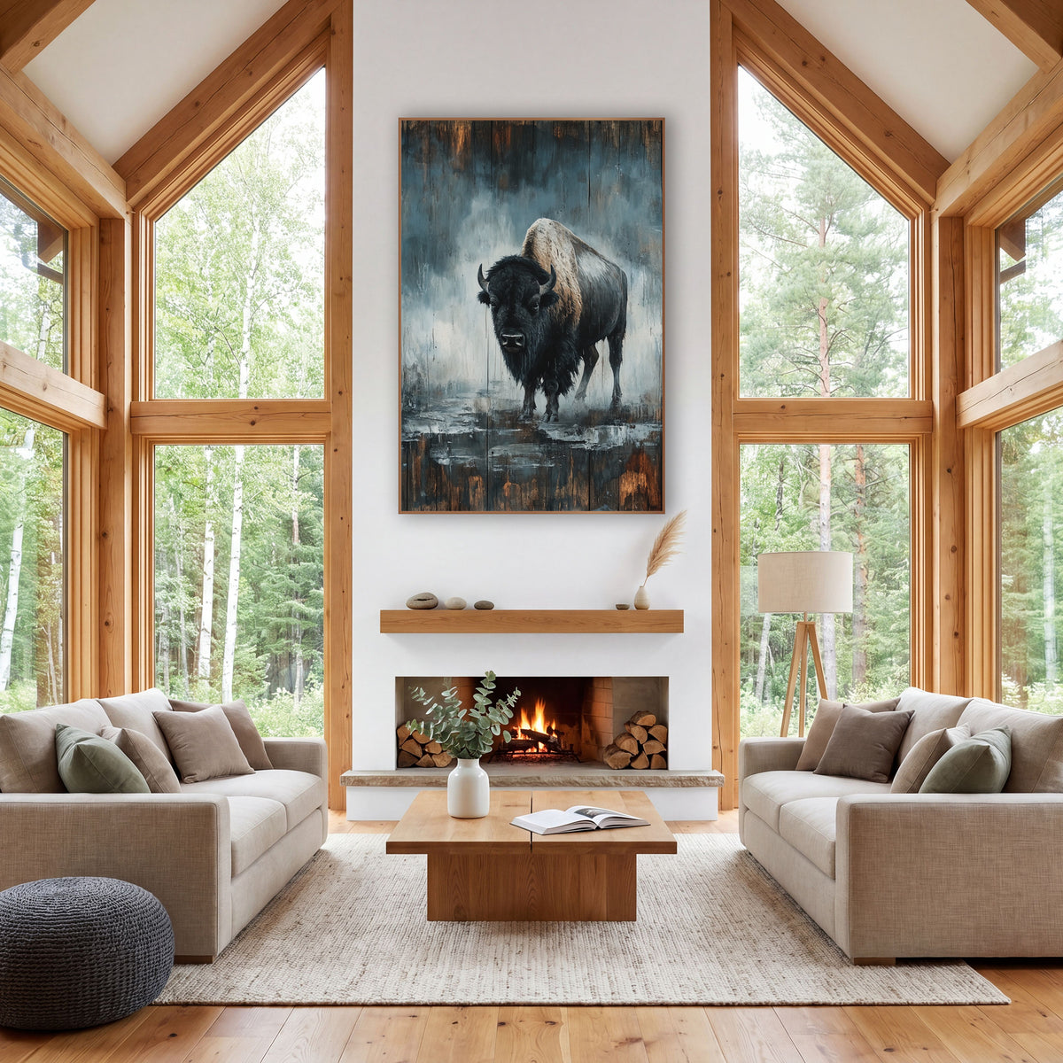 Lone Bison Rustic Western Fog wall art in a rustic western-style room – dark shaggy bison with curved horns facing