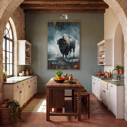 Lone Bison Rustic Western Fog wall art in a rustic western-style room – dark shaggy bison with curved horns facing