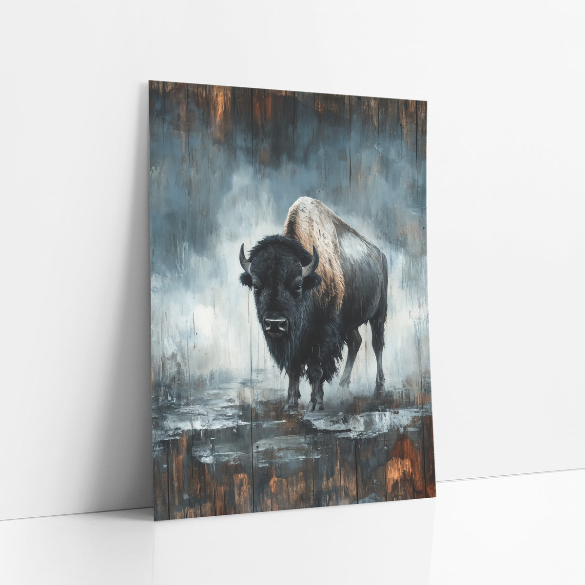 Lone Bison Rustic Western Fog art print leaning against a white wall – dark shaggy bison with curved horns facing forward