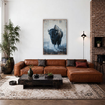 Lone Bison in Fog Western wall art in a rustic western-style room – lone bison facing forward with curved horns