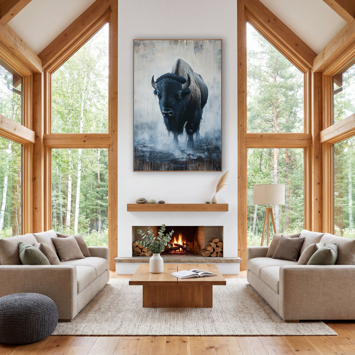 Lone Bison in Fog Western wall art in a rustic western-style room – lone bison facing forward with curved horns