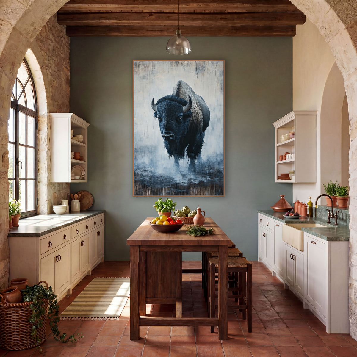 Lone Bison in Fog Western wall art in a rustic western-style room – lone bison facing forward with curved horns