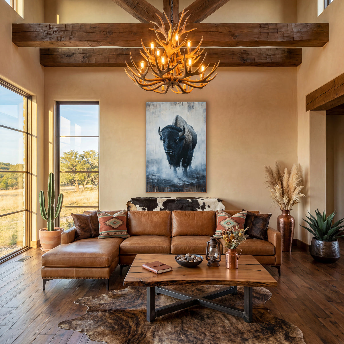 Lone Bison in Fog Western wall art in a rustic western-style room – lone bison facing forward with curved horns