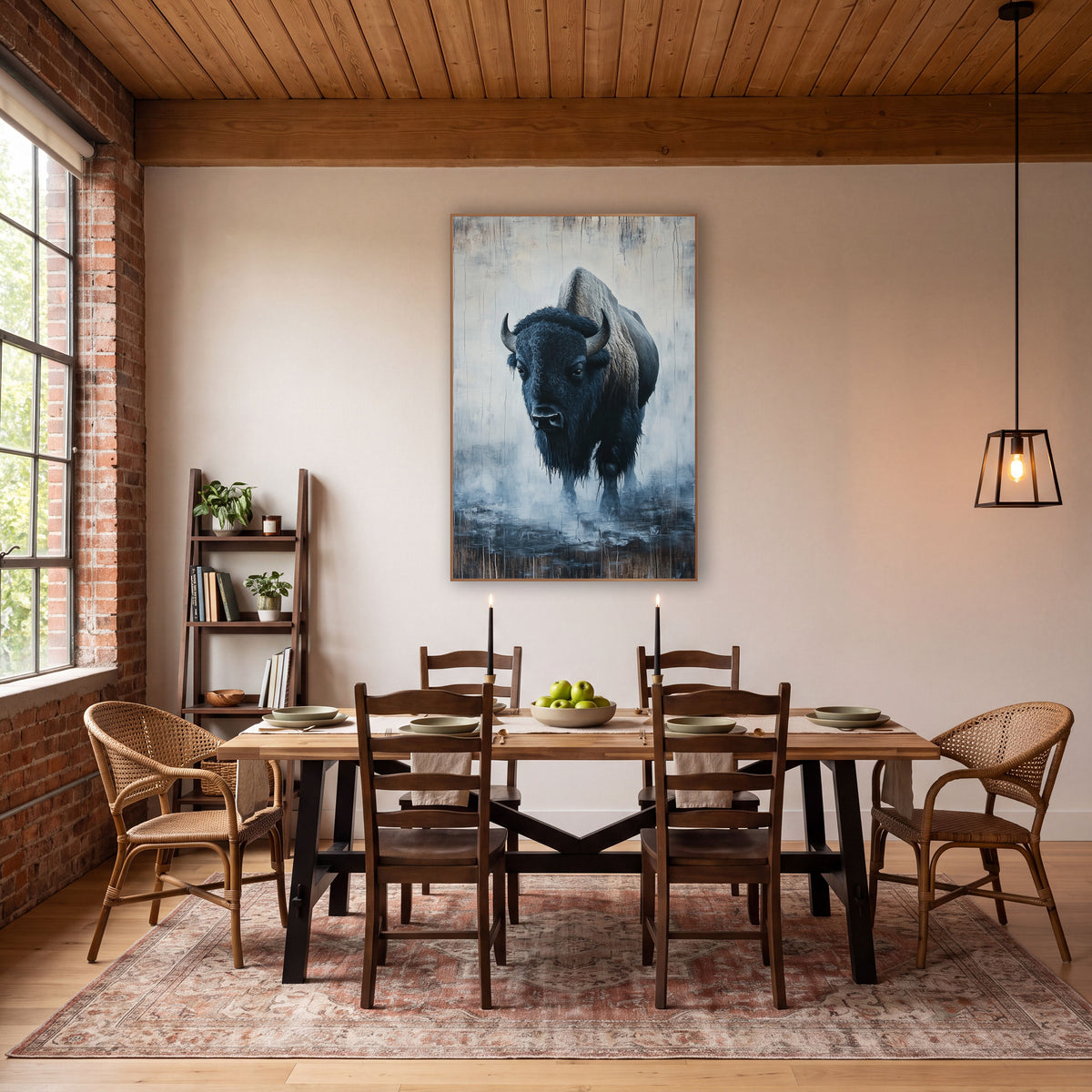 Lone Bison in Fog Western wall art in a rustic western-style room – lone bison facing forward with curved horns
