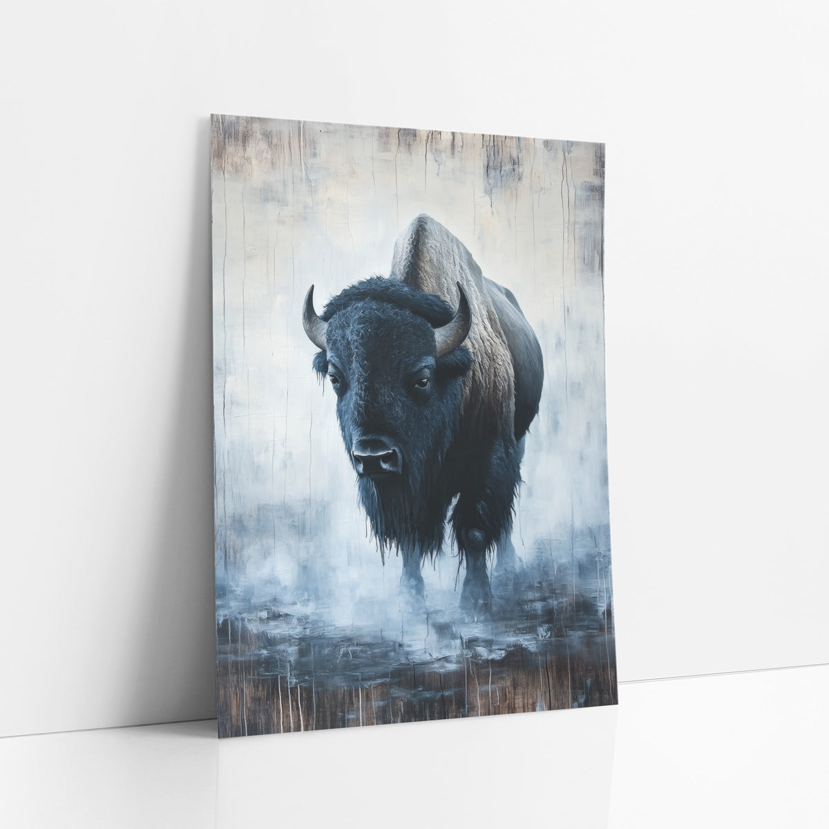 Lone Bison in Fog Western art print leaning against a white wall – lone bison facing forward with curved horns, standing