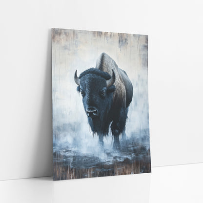 Lone Bison in Fog Western art print leaning against a white wall – lone bison facing forward with curved horns, standing
