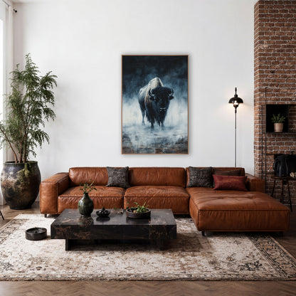 Foggy Bison Moody Western wall art in a rustic western-style room – lone bison with curved horns standing in blue-gray